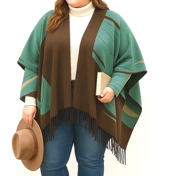 Vintage Jackets & Blazers - Reversible Ruana Wrap Cape Turquoise & Brown Soft Knit Boho Fringe Shawl XL 1 sz